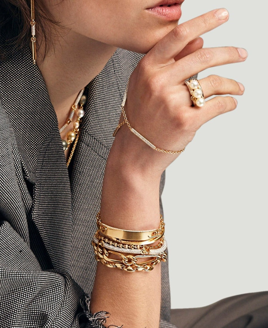 ID Bar Bracelet | 50mm Wide - 9mm Height | Pave Detail | Yellow Gold