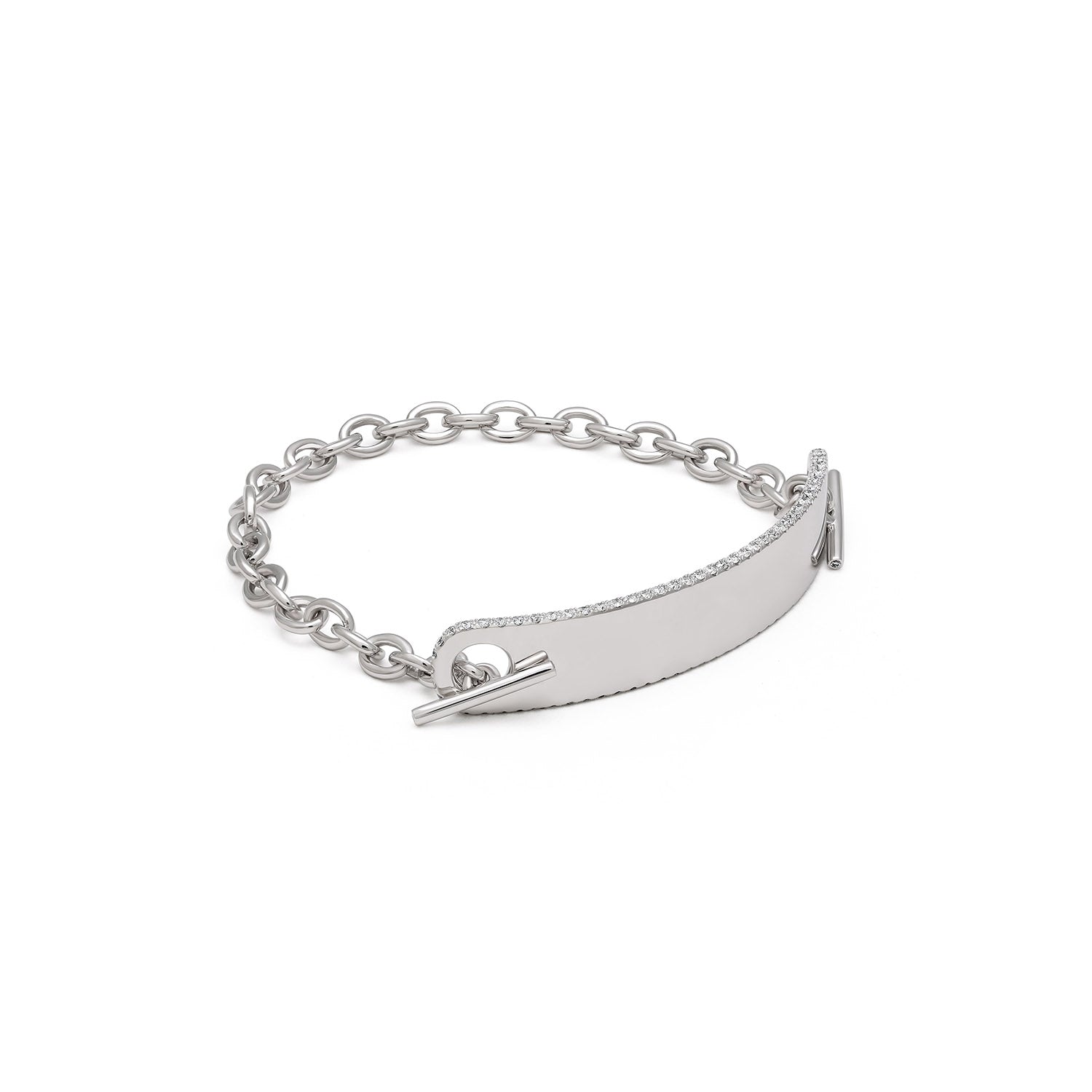 ID Bar Bracelet | 50mm Wide - 9mm Height | Pave Detail | White Gold