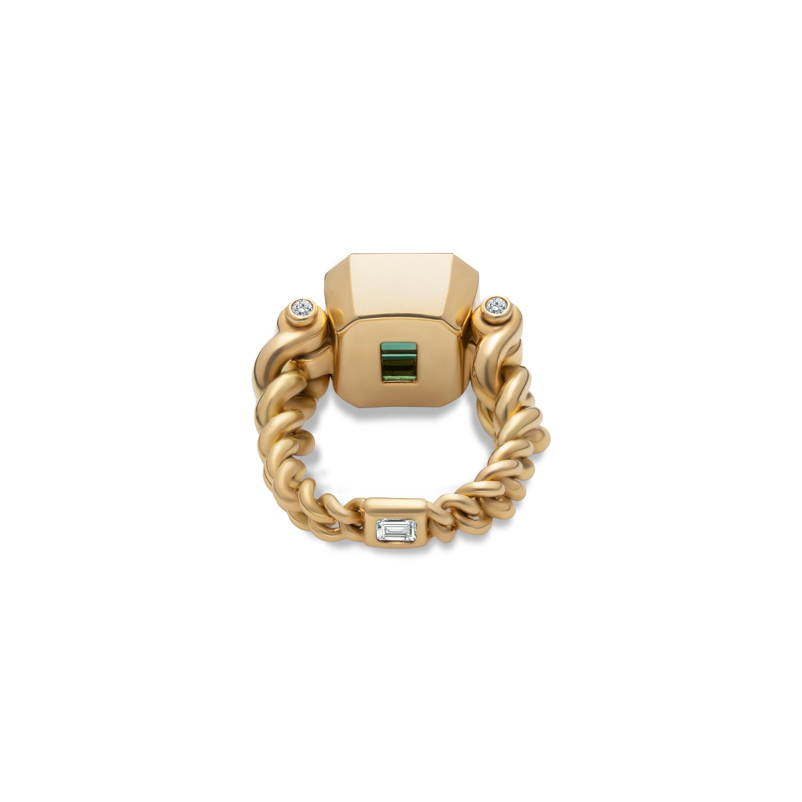 Curb Chain Ring | Green Tourmaline | Yellow Gold | Diamond Detail