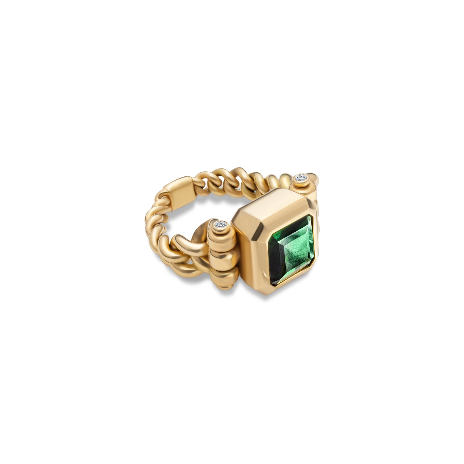 Curb Chain Ring | Green Tourmaline | Yellow Gold | Diamond Detail
