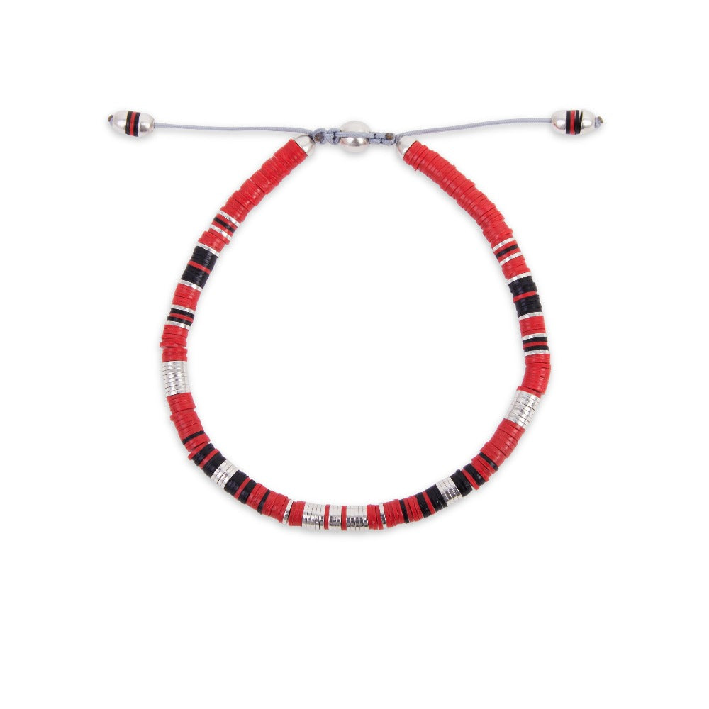 MAOR Rizon bracelets with red and black African beads and sterling silver washers
